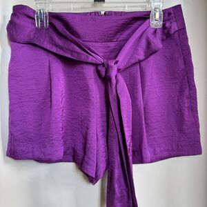 Bisou Bisou Satin Metallic Tie Waist High Rise Flowy Shorts Purple Size 10